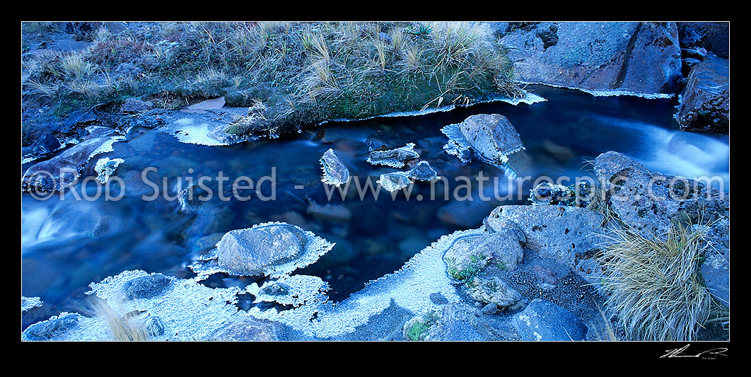 Image of Icy winter stream, Mangatepopo stream with freezing edges, Tongariro National Park, Ruapehu District, Manawatu-Wanganui Region, New Zealand (NZ) stock photo image