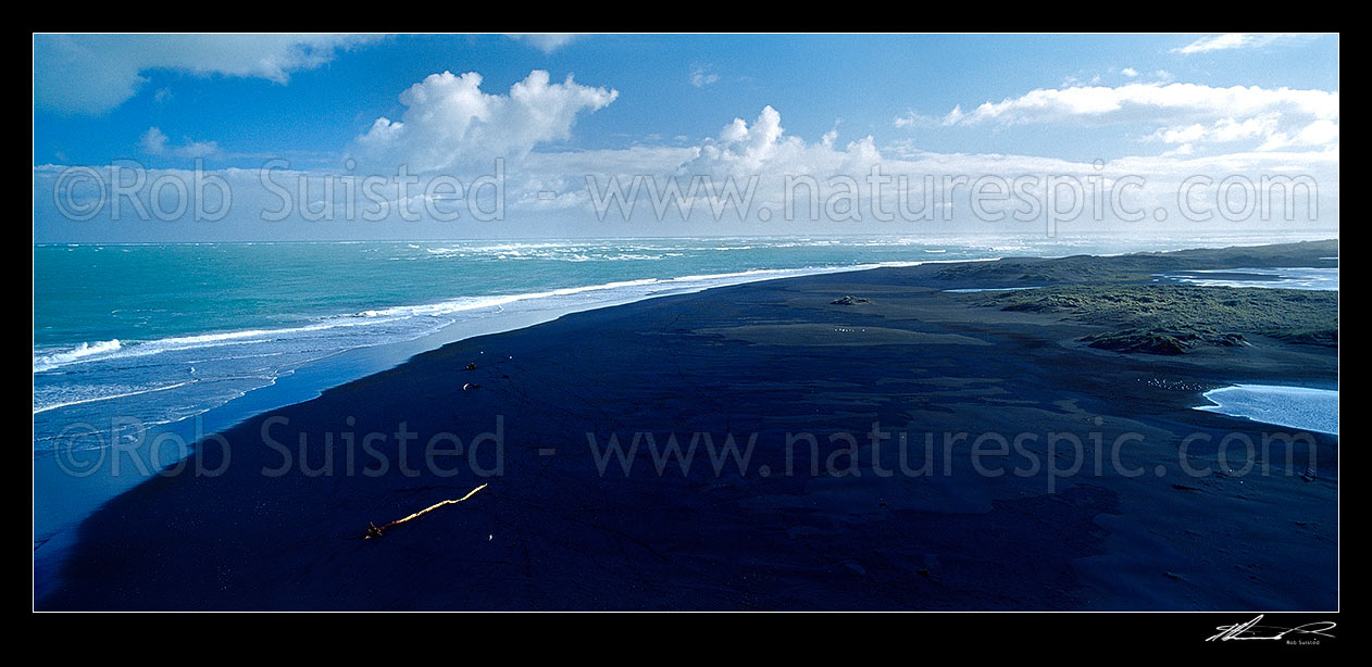 Image of Whatipu Beach (black ironsand) at the entrance to Manukau harbour, Auckland, Waitakere City District, Auckland Region, New Zealand (NZ) stock photo image