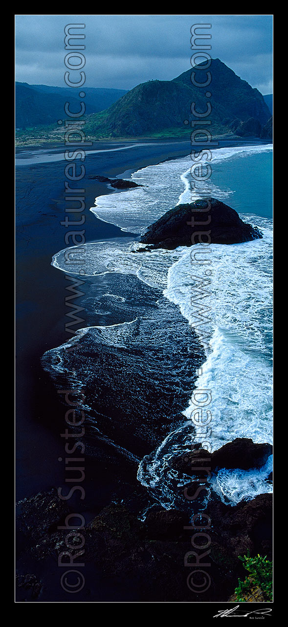 Image of Whatipu Beach (black ironsand) at the entrance to Manukau harbour, Auckland, Waitakere City District, Auckland Region, New Zealand (NZ) stock photo image