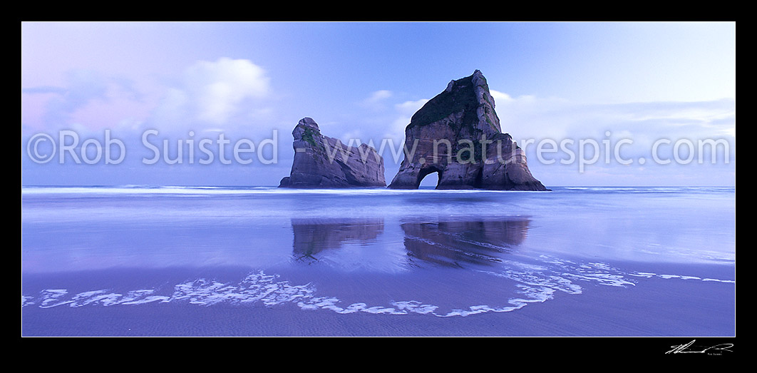 Image of The Archway Islands on Wharariki Beach; Puponga Farm Park, near Farewell Spit, Farewell Spit, Golden Bay, Tasman District, Tasman Region, New Zealand (NZ) stock photo image