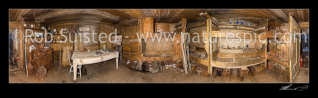 Image of Carsten Borchgrevink's 1899 Southern Cross Expedition hut interior 360 degree panorama. First winter expedition to the Antarctic continent. Sir Georges Newnes Borchgrevinks British Antarctic Expedition, Cape Adare, Antarctica Region, Antarctica stock photo image