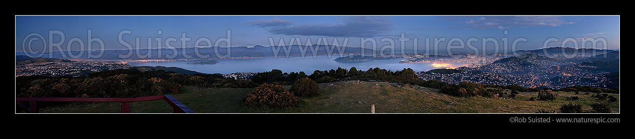 Image of Giant resolution panorama of Wellington City, CBD and harbour from the North at twilight. Petone lights (left), Ngaio and Wadestown (r). Prints to +1.35m @ 300dpi!, Wellington, Wellington City District, Wellington Region, New Zealand (NZ) stock photo image