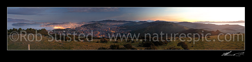 Image of Giant resolution panorama of Wellington City, CBD and harbour and Cook Strait from the North at twilight. Ngaio and Wadestown centre. Prints to +1.35m @ 300dpi!, Wellington, Wellington City District, Wellington Region, New Zealand (NZ) stock photo image