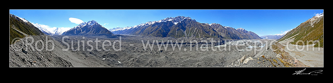 Image of Panorama of Tasman Glacier from De La Beche Ridge, Malte Brun Range, Murchison Valley, Liebig Rg, Tasman Lake to Mount (Mt) Cook Village, Aoraki / Mount Cook National Park, MacKenzie District, Canterbury Region, New Zealand (NZ) stock photo image