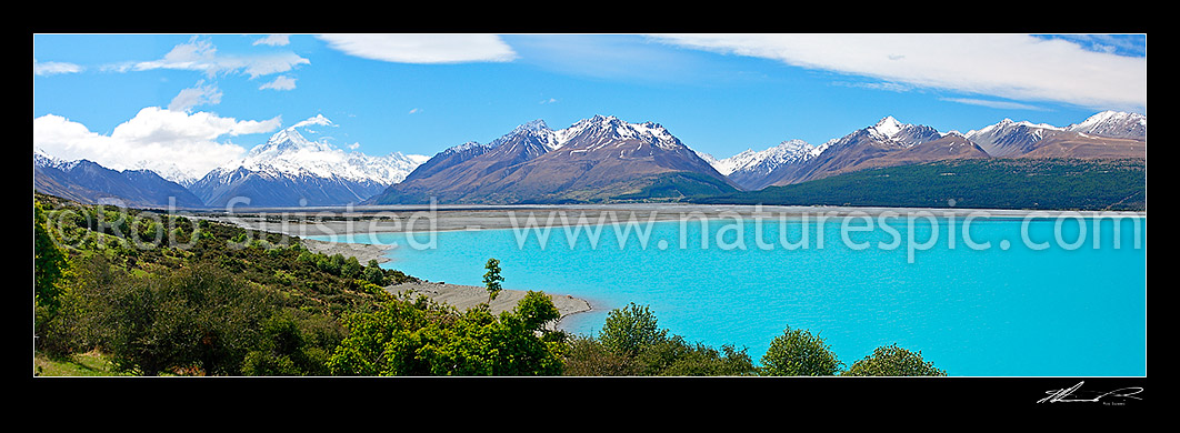 Image of Panorama from Aoraki / Mount Cook past Burnett Mountains, Jollie River, to head of Lake Pukaki, Aoraki / Mount Cook National Park, MacKenzie District, Canterbury Region, New Zealand (NZ) stock photo image