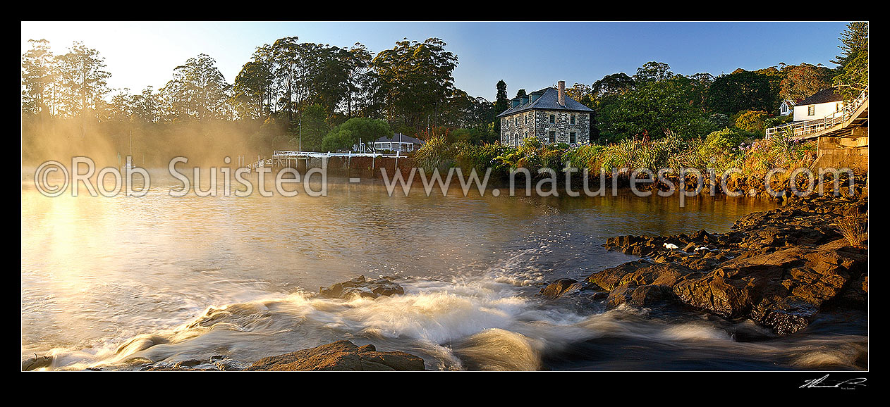 Image of Historic Stone Store (1832) and Mission Station Kemp House (1821). Early misty morning, Kerikeri Inlet Basin and River, Kerikeri, Far North District, Northland Region, New Zealand (NZ) stock photo image