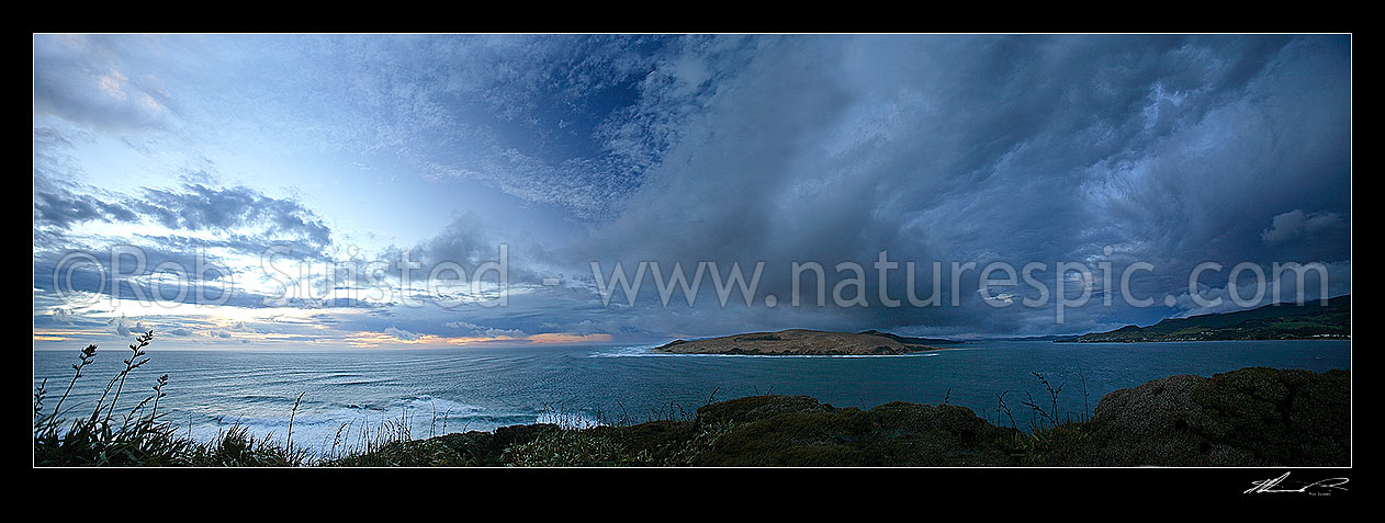 Image of Moody stormy evening skies over the Hokianga Harbour Entrance and North Head from the Arai te Uru Heritage Walk. Omapere and Opononi right. Panoramic view, Omapere, Hokianga, Far North District, Northland Region, New Zealand (NZ) stock photo image