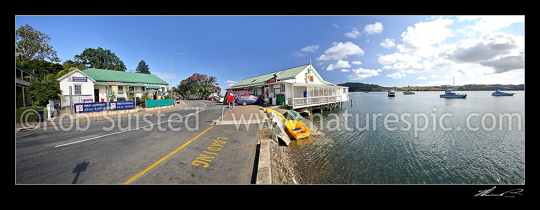 Image of Main street waterfront of Mangonui town at Whites Point on Mangonui Harbour. Historic buildings and yachts, Mangonui, Far North District, Northland Region, New Zealand (NZ) stock photo image