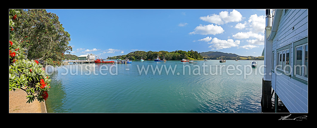 Image of Mangonui harbour, wharf and historic building, with flowering pohutukawa flowers over water, Mangonui, Far North District, Northland Region, New Zealand (NZ) stock photo image