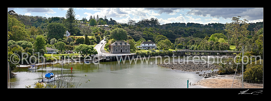 Image of Historic Stone Store (1832) and Mission Station Kemp House (1821) beside the Kerikeri Inlet Basin and River. Panoramic view, Kerikeri, Far North District, Northland Region, New Zealand (NZ) stock photo image