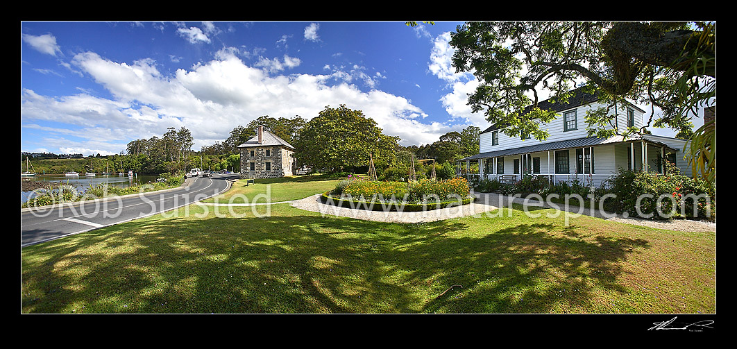 Image of Historic Stone Store (1832) and Mission Station Kemp House (1821). Kerikeri Inlet Basin, Panoramic view, Kerikeri, Far North District, Northland Region, New Zealand (NZ) stock photo image