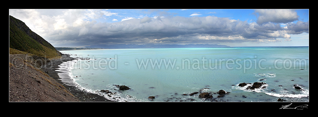 Image of Panoramic view over Palliser Bay from near Ocean Beach, Palliser Bay, South Wairarapa District, Wellington Region, New Zealand (NZ) stock photo image