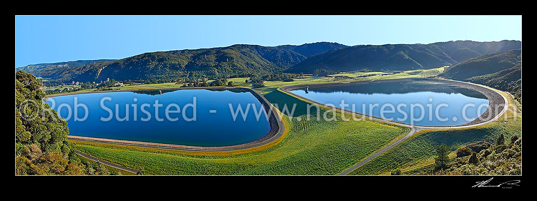 Image of Two Wellington water supply collection lakes at Te Marua, on a calm winter's morning, Te Marua, Wellington Region, New Zealand (NZ) stock photo image