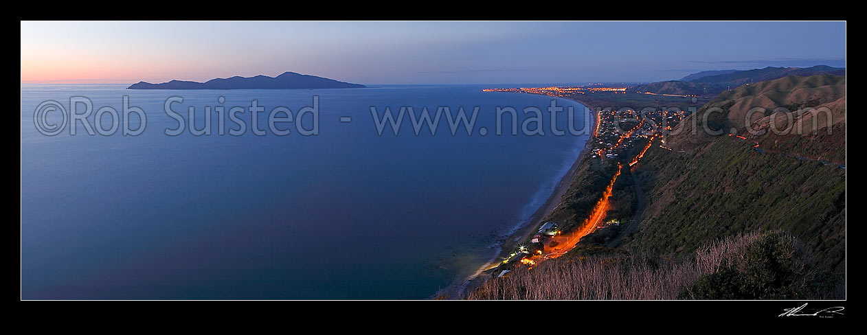 Image of Panorama over the Kapiti Coast, Paekakariki to Paraparaumu and Kapiti Island at twilight. Car and town lights visible, Paekakariki, Kapiti Coast District, Wellington Region, New Zealand (NZ) stock photo image