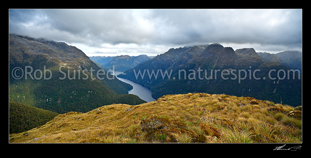 Image of North Fiord of Lake Te Anau with Narrows and Glaisnock River Valley. Mt McDougall (1728m) in cloud centre, Newton Creek left, Henderson Burn far right, Fiordland National Park, Southland District, Southland Region, New Zealand (NZ) stock photo image