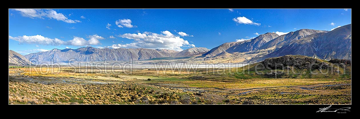 Image of Looking across Rangitata River from Mt Potts to Mesopotamia Station. Ben McLeod Range left, Sinclair Range centre left, Mt Sunday left, Mt Potts, Ashburton District, Canterbury Region, New Zealand (NZ) stock photo image