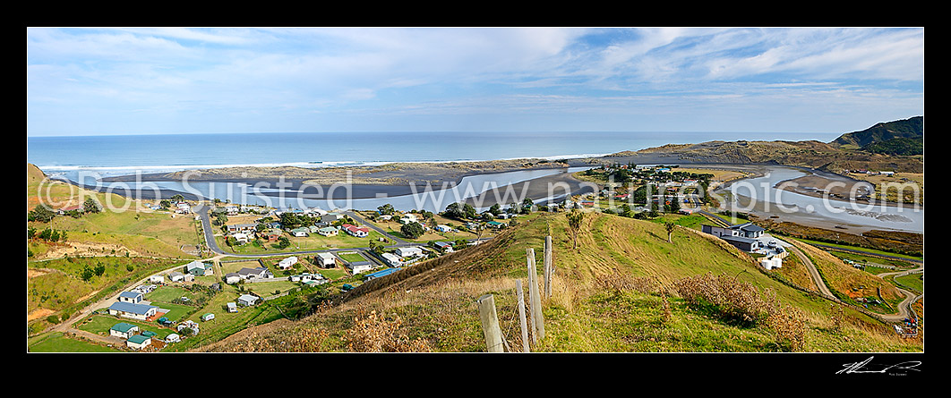 Image of Marokopa township or village where the Marokopa River winds to sea. Marae far right, Marokopa, Waitomo District, Waikato Region, New Zealand (NZ) stock photo image