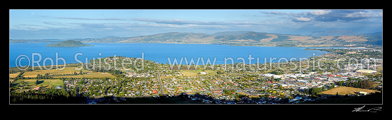 Image of View over Rotorua, Mokoia Island and Lake Rotorua, Rotorua, Rotorua District, Bay of Plenty Region, New Zealand (NZ) stock photo image