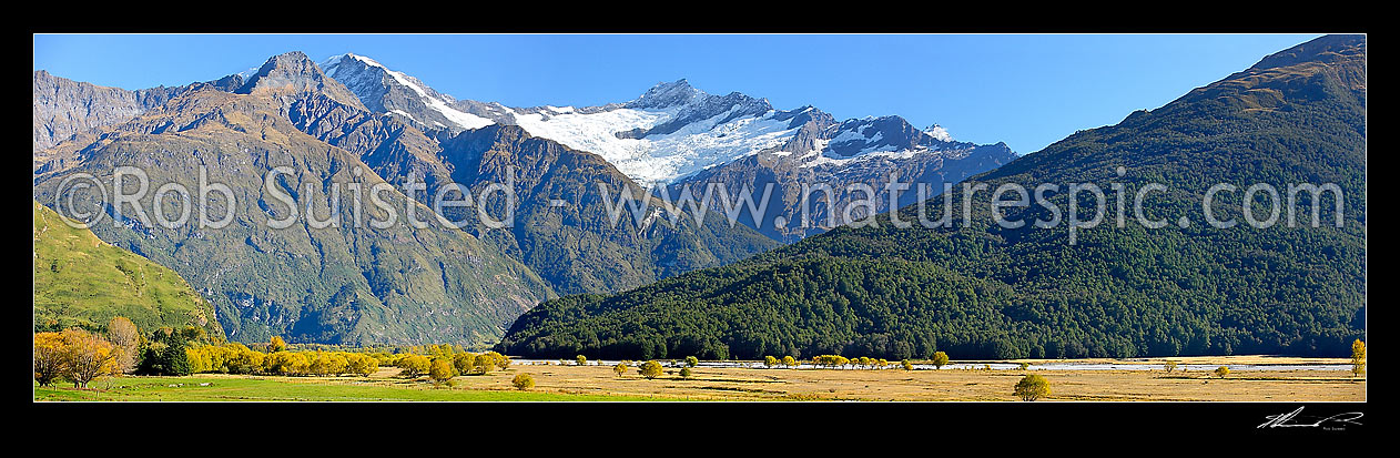 Image of Looking up Matukituki River valley to Mt Avalanche (2606m) in autumn. Homestead Peak (2020m) left. Mount Aspiring just visible centre right. Panorama, Mount Aspiring National Park, Queenstown Lakes District, Otago Region, New Zealand (NZ) stock photo image