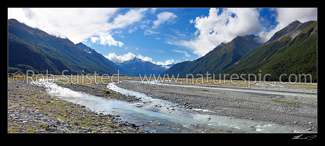 Image of Hopkins Valley panorama. Braided river below Mount Ward (2645m) centre left, Mt Williams (2538m) centre. Neumann Range right, Lake Ohau, Twizel, Waitaki District, Canterbury Region, New Zealand (NZ) stock photo image