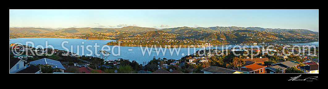 Image of Looking over Pauatahanui Inlet and harbour. Paremata and Mana at right. Moorehouse Point centre left. From Camborne. Panorama, Paremata, Porirua City District, Wellington Region, New Zealand (NZ) stock photo image