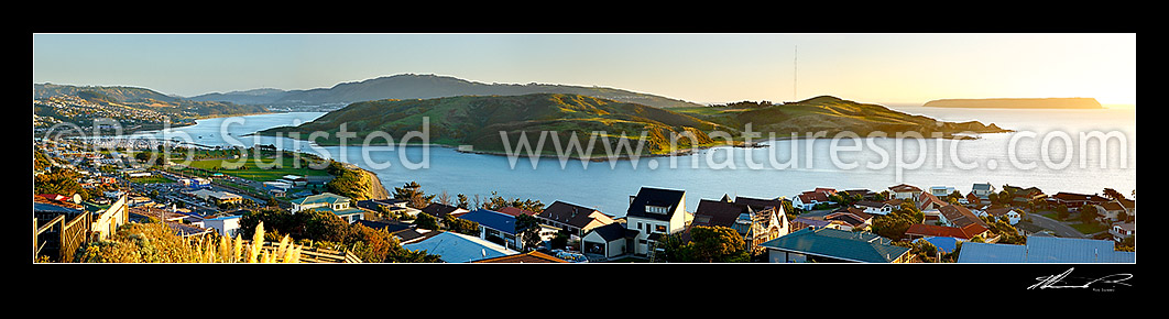 Image of Looking over Porirua Harbour from Camborne. Paremata & Mana left, Titahi Bay & Ohehanga Bay centre, Mana Island and Plimmerton right. Panorama, Plimmerton, Porirua City District, Wellington Region, New Zealand (NZ) stock photo image