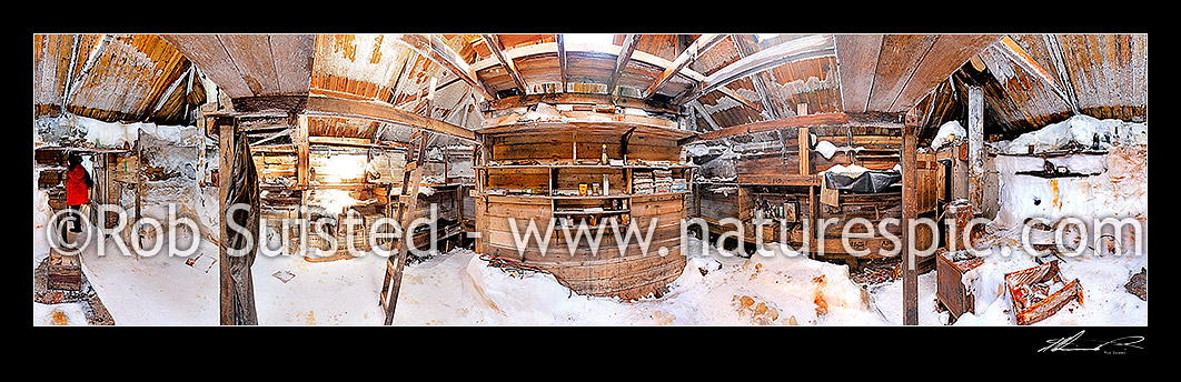 Image of Interior of Australian Sir Douglas Mawson's Hut main room (1912-1914). Main door left, Frank Hurley's bunk, darkroom and stove at right. Cape Denison. 360 degree panorama, Commonwealth Bay, Antarctica stock photo image