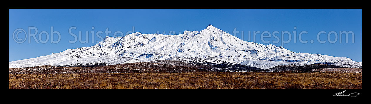 Image of Mount Ruapehu (2797m) in winter snow seen from east near the Desert Road. Peak of Te Heuheu (2732m) right centre. Panorama, Tongariro National Park, Taupo District, Waikato Region, New Zealand (NZ) stock photo image