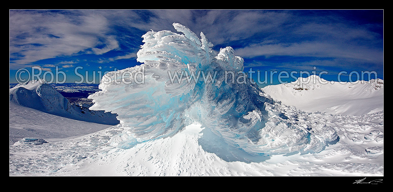 Image of Ice encrusting in beautiful wind formed structures on Dome Shelter (2672m) near summit of Mount Ruapehu (2797m), Tongariro National Park, Ruapehu District, Manawatu-Wanganui Region, New Zealand (NZ) stock photo image