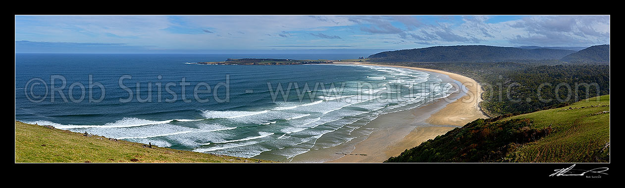 Image of Tautuku Beach and Peninsula panorama from Florence Hill lookout, Catlins, Clutha District, Otago Region, New Zealand (NZ) stock photo image