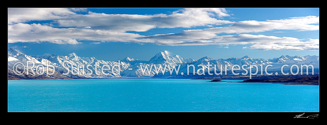 Image of Aoraki / Mount Cook (3754m) and Lake Pukaki in winter. Mt Sefton left (3151m) Mt La Perouse (3078m) left centre, Burnett Mountains Range far right. Panorama, Aoraki / Mount Cook National Park, MacKenzie District, Canterbury Region, New Zealand (NZ) stock photo image