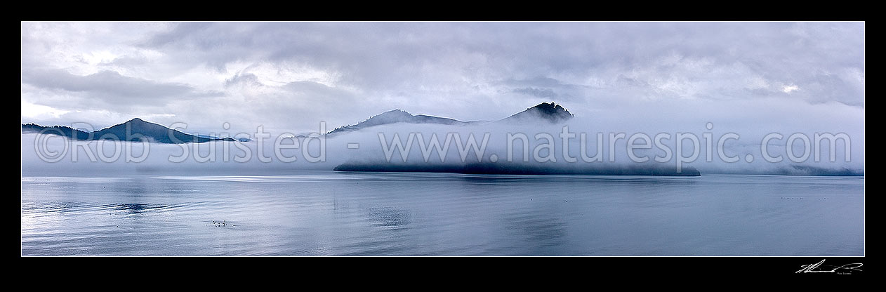 Image of Marlborough Sounds. Misty moody calm grey morning on Queen Charlotte Sound. Panorama, Picton, Marlborough District, Marlborough Region, New Zealand (NZ) stock photo image