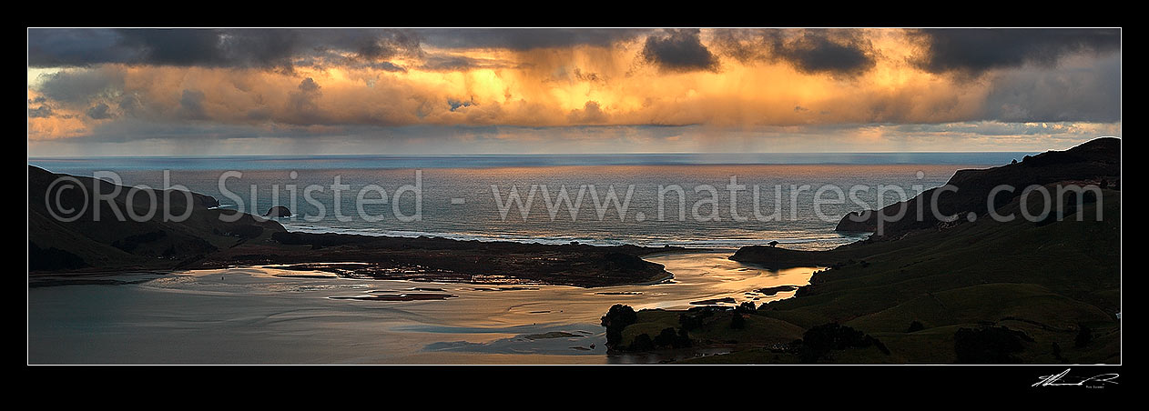 Image of Otago Peninsula, Allans Beach and Hoopers Inlet on a stormy winter evening. Panorama, Otago Peninsula, Dunedin City District, Otago Region, New Zealand (NZ) stock photo image