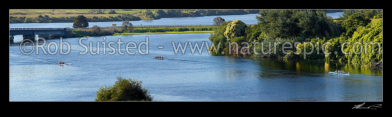 Image of Lake Karapiro with rowing teams of rowers training on lake with support boats and coaches. Panorama, Lake Karapiro, Cambridge, Waipa District, Waikato Region, New Zealand (NZ) stock photo image