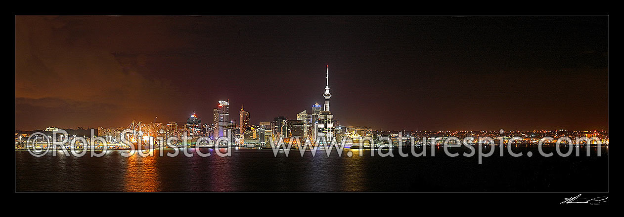 Image of Auckland City night time panorama of CBD, buildings, port, waterfront and Sky tower from Devonport, with cruise ship berthed, Auckland City, Auckland City District, Auckland Region, New Zealand (NZ) stock photo image