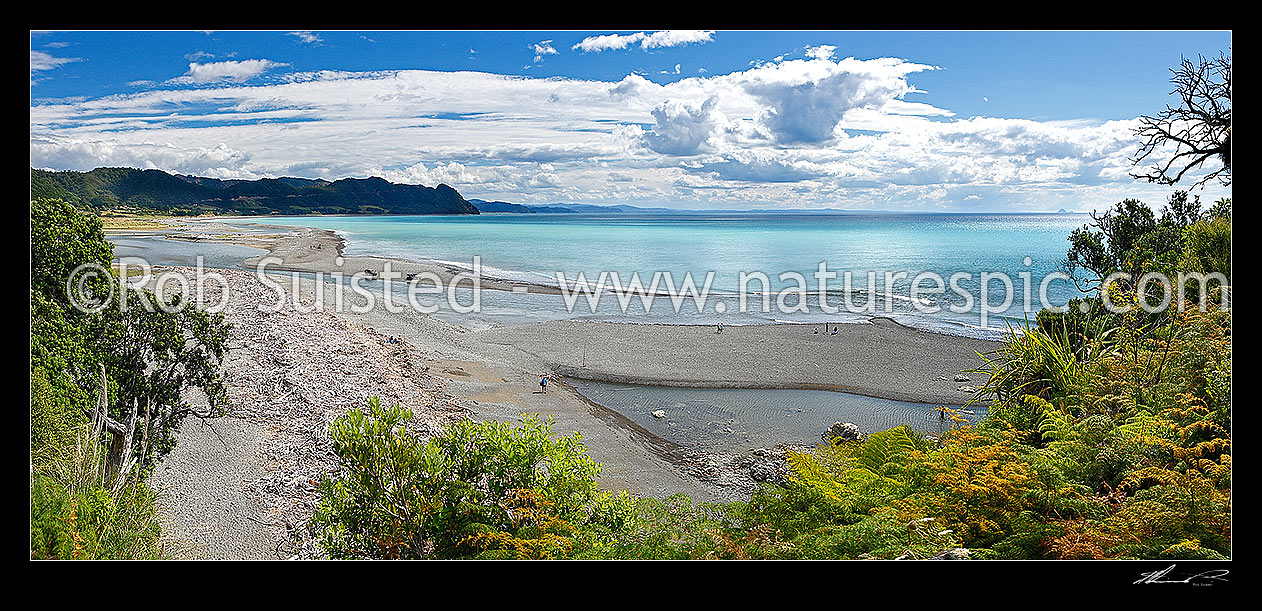 Image of Motu River mouth panorama with people fishing on sand bars for Kahawai. Rising in the Raukumara Ranges and flowing into the Eastern Bay of Plenty, Motu, Opotiki District, Bay of Plenty Region, New Zealand (NZ) stock photo image