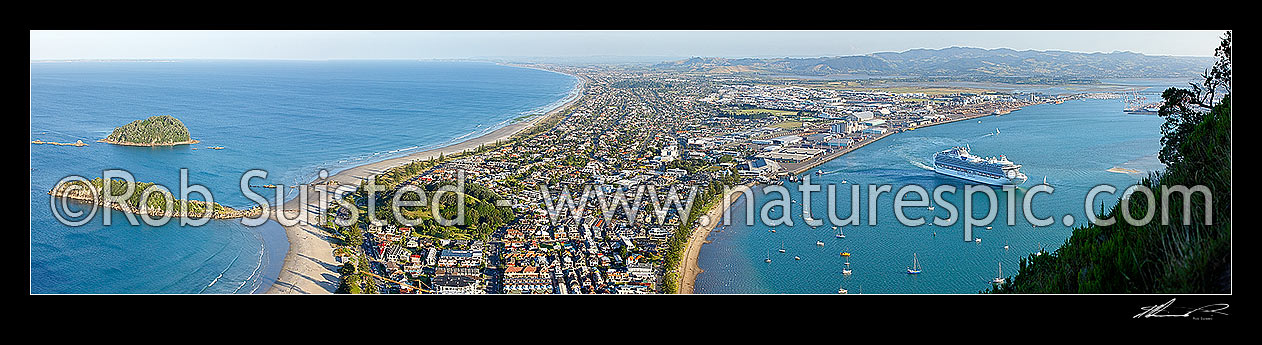 Image of View from Mt Maunganui (232m) Mauao, over beach and Moturiki and Motuotau Islands, towards Papamoa, Tauranga Harbour right with Diamond Princess cruise ship leaving. Panorama, Mount Maunganui, Tauranga District, Bay of Plenty Region, New Zealand (NZ) stock photo image