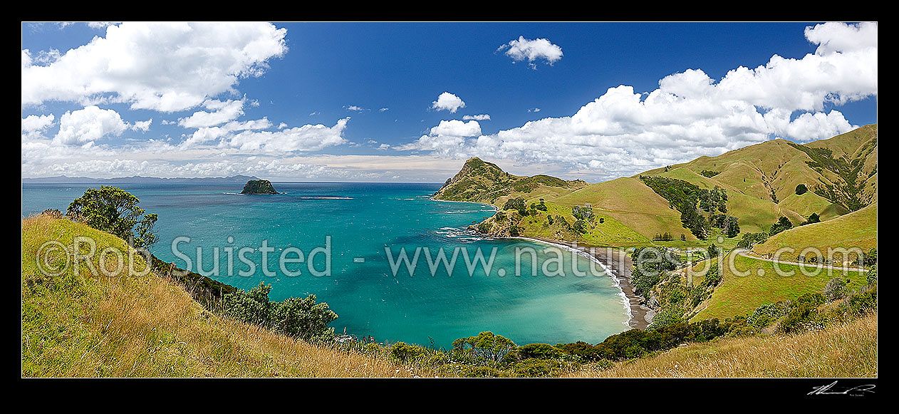 Image of Fletcher Bay at northern tip of the Coromandel Peninsula. Great Barrier (Aotea) Island and Square topped Island left. Panorama, Cape Colville, Thames-Coromandel District, Waikato Region, New Zealand (NZ) stock photo image