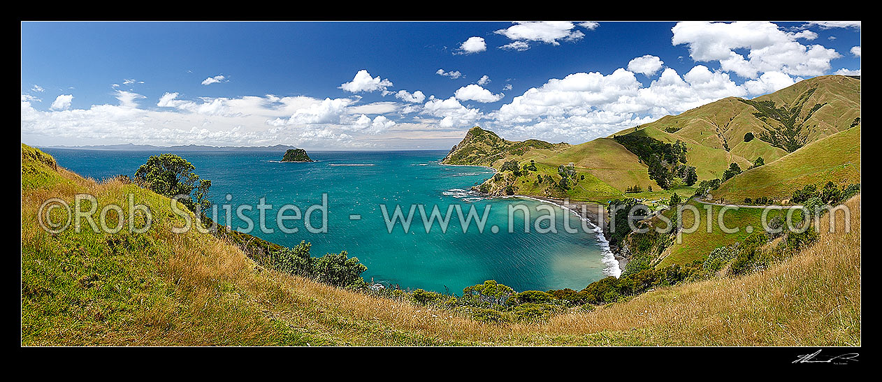 Image of Fletcher Bay at northern tip of the Coromandel Peninsula. Great Barrier (Aotea) Island and Square topped Island left. Panorama, Cape Colville, Thames-Coromandel District, Waikato Region, New Zealand (NZ) stock photo image