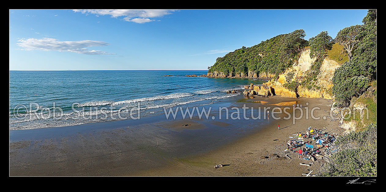 Image of Summer BBQ, large family and friends group enjoying beach and evening on Opotiki Beach. Panorama, Tiohanga, Opotiki District, Bay of Plenty Region, New Zealand (NZ) stock photo image