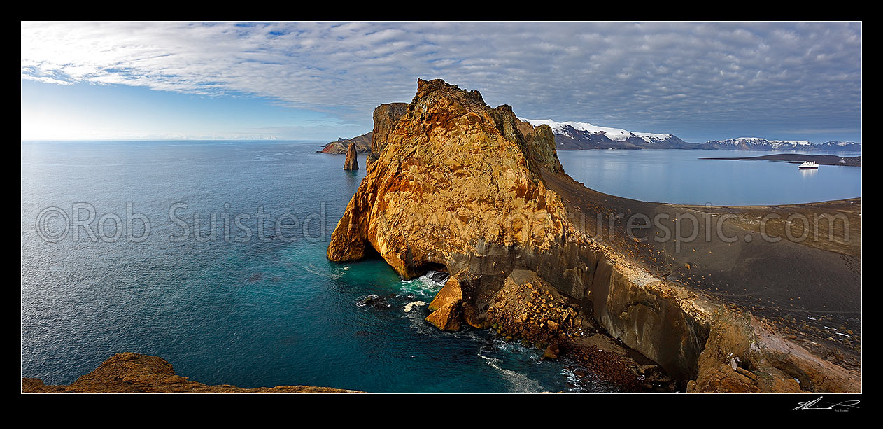 Image of Deception Island from above Nepture's Window and Bellows. Silversea vessel Prince Albert II inside island at Whaler's Bay in the ancient volcanic cauldera heart., Deception Island, Antarctica Region, Antarctica stock photo image