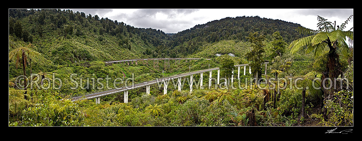 Image of Hapuawhenua Viaducts, historic and modern. North Island Main Trunk Railway Line in Tongariro National Park. Panorama, Ohakune, Ruapehu District, Manawatu-Wanganui Region, New Zealand (NZ) stock photo image