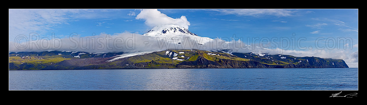 Image of Mt Beerenberg volcano (also known as Haakon VII Toppen[2]), world's northernmost subaerial active volcano. 2,277m high stratovolcano. Panorama, Jan Mayen Island stock photo image