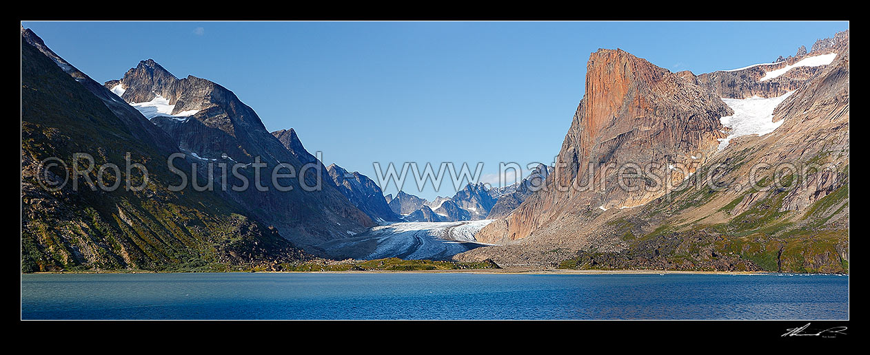 Image of Glacier and Igdlorssuit Havn Tower, Ujarak (vertical granite wall of 1160m at right), Prince Christian Sound, panorama, Prins Christian Sund, South Greenland, Greenland stock photo image