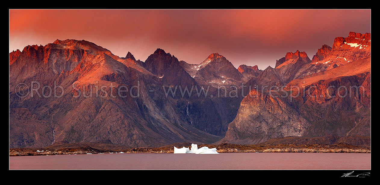 Image of Greenlandic sunset on fiords, mountains and icebergs near Narsarmijit in Kujalleq municipality, Prince Christian Sound, panorama, Prins Christian Sund, South Greenland, Greenland stock photo image