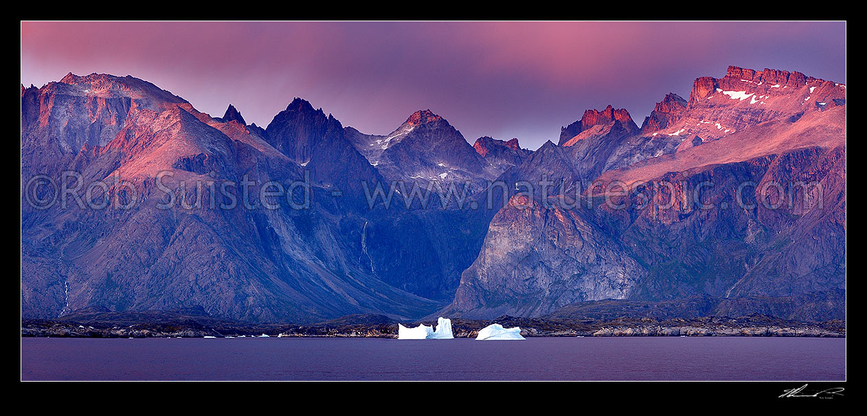 Image of Greenlandic sunset on fiords, mountains and icebergs near Narsarmijit in Kujalleq municipality, Prince Christian Sound, panorama, Prins Christian Sund, South Greenland, Greenland stock photo image