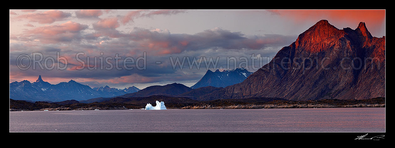 Image of Greenlandic sunset on fiords, mountains and icebergs near Narsarmijit in Kujalleq municipality, Prince Christian Sound, panorama, Prins Christian Sund, South Greenland, Greenland stock photo image