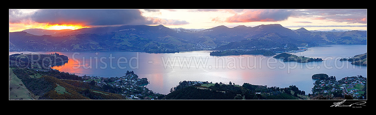 Image of Otago Harbour evening panorama looking over Port Chalmers, Broad Bay, Portobello and Quarantine Island, Otago Peninsula, Dunedin City District, Otago Region, New Zealand (NZ) stock photo image