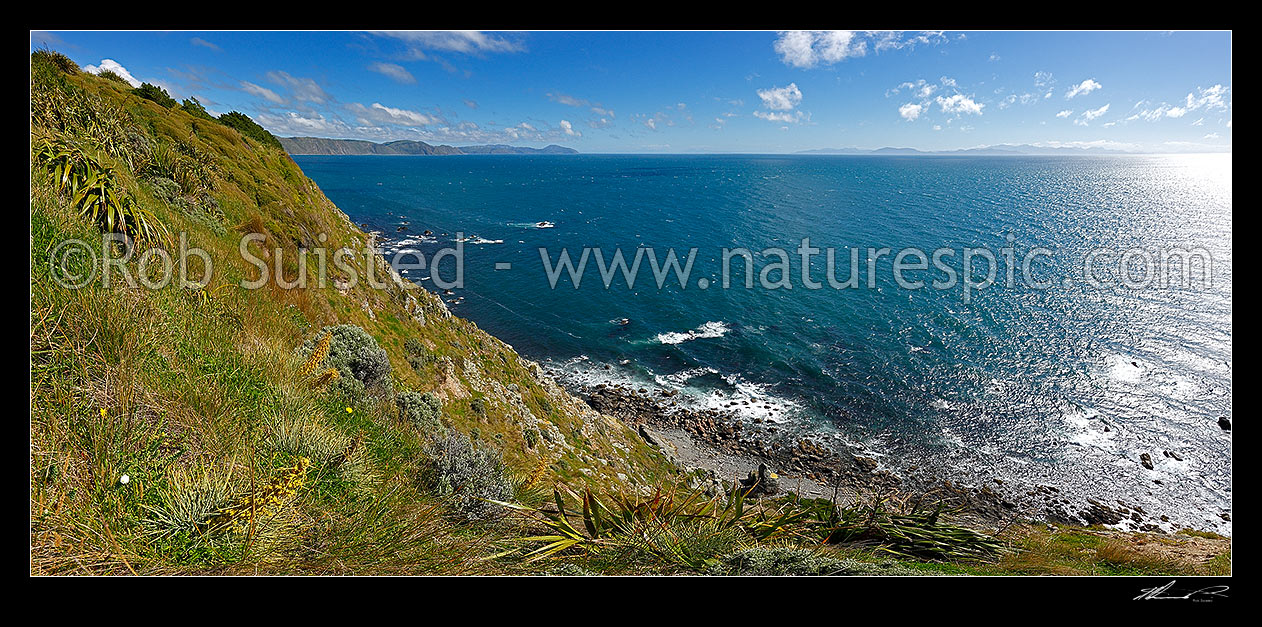 Image of Mana Island south western coastline and cliffs, looking south to Cook Strait with Makara and Cape Terawhiti centre left, Marlborough Sounds right. Mana Island Scientific Reserve panorama, Mana Island, Porirua City District, Wellington Region, New Zealand (NZ) stock photo image