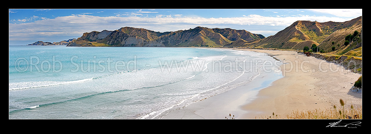 Image of Kaiaua Bay Beach with Te Karaka Point beyond. People walking on beach, and summer campers in distance. Panorama, Tolaga Bay, Gisborne District, Gisborne Region, New Zealand (NZ) stock photo image